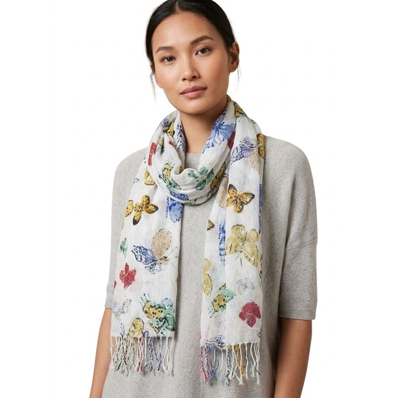 Old Navy Accessories - Old Navy Butterfly Print Scarf Shawl White Multi Color Fringe Trim One Size